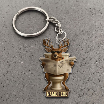 Maxcorners Deer Sitting On Toilet Reading Newspaper Sunglasses Custom Name Gift 2D Flat Arcrylic Ornament, Keychain