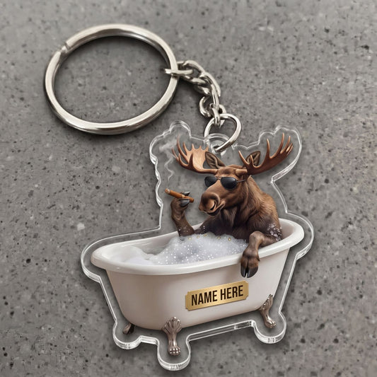 Maxcorners Moose In Bathtub Sunglasses Smoking Cigar Custom Name Gift 2D Flat Arcrylic Ornament, Keychain