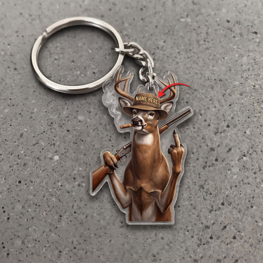 Maxcorners Deer Hunter Middle Finger Smoking Cigar Shotgun Custom Name Gift 2D Flat Arcrylic Ornament, Keychain