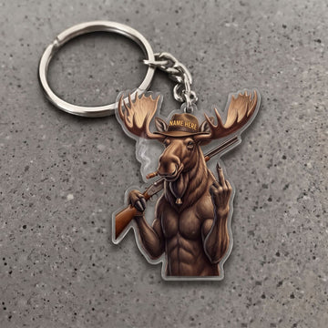 Maxcorners Moose Hunter Middle Finger Muscular Shotgun Cigar Custom Name Gift 2D Flat Arcrylic Ornament, Keychain