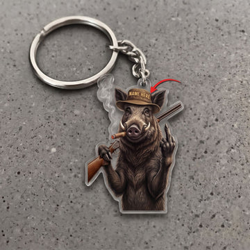 Maxcorners Wild Boar Hunter Middle Finger Shotgun Cigar Custom Name Gift 2D Flat Arcrylic Ornament, Keychain