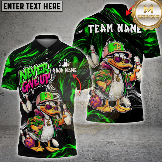 Maxcorners Bowling Funny Duck Cartoon Character Urban Streetwear Vibrant Green Sportswear Multi Options Personalized Name, Team Name Unisex 3D Shirt (4 Colors)