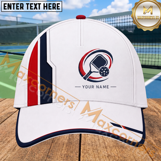 Maxcorners Pickleball Paddle Ball Red Navy Minimalist Personalized Name 3D Cap