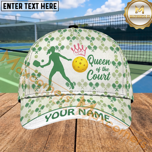 Maxcorners Pickleball Queen Of The Court Green Pattern Personalized Name 3D Cap (4 Colors)