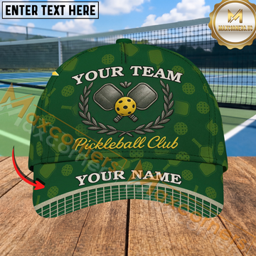 Maxcorners Pickleball Club Laurel Crest Green Pattern Personalized Name 3D Cap