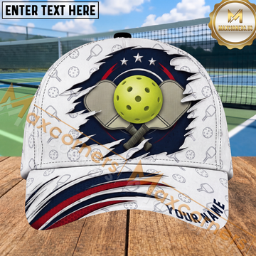 Maxcorners Pickleball Crossed Paddles 3D Ball Ripped Reveal Personalized Name 3D Cap