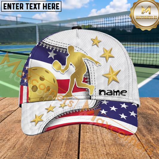 Maxcorners Pickleball Cap Gold Player Silhouette National Flag Stars Design Personalized Name 3D Cap