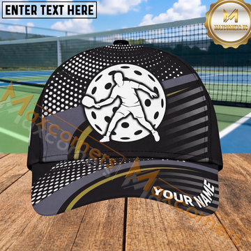 Maxcorners Black Pickleball Cap Player Silhouette Dotted Sports Design Personalized Name 3D Cap