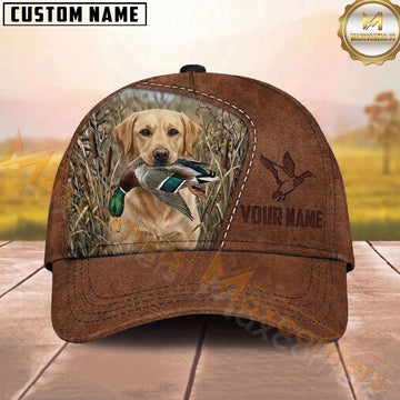 Maxcorners Hunting Dog Duck Hunter Mallard In Mouth Stitched Leather Reeds Personalized Name 3D Cap