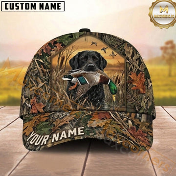 Maxcorners Hunting Dog Waterfowl Hunter Mallard In Mouth Fallen Leaves Camo Personalized Name 3D Cap