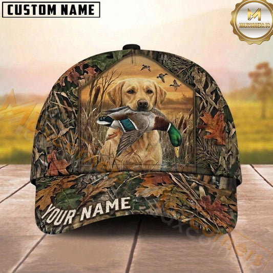 Maxcorners Hunting Dog Waterfowl Hunter Mallard In Mouth Fallen Leaves Camo Personalized Name 3D Cap