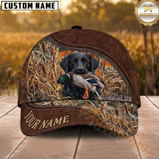 Maxcorners Hunting Dog Duck Hunter Mallard In Mouth Zipper Leather Detail Personalized Name 3D Cap