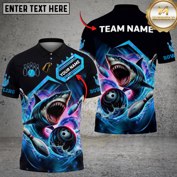 Maxcorners Bowling Angry Great White Shark Ocean Water Splash Flying Pins Multi Options Personalized Name, Team Name Unisex 3D Shirt (4 Colors)