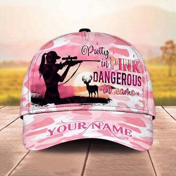Maxcorners Women Deer Hunting Pink Camo Pretty and Dangerous Personalized Name Unisex 3D Cap