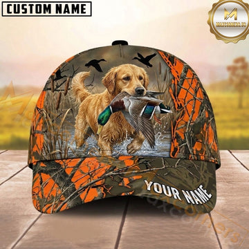 Maxcorners Hunting Dog Waterfowl Hunting Mallard In Mouth Splash Water Blaze Orange Camo Personalized Name 3D Cap