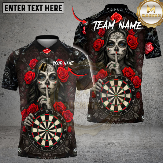 Maxcorners Dart Team Shirt Sugar Skull Rose Gothic Graphic Multi Options Personalized Name, Team Name Unisex 3D Shirt (4 Colors)