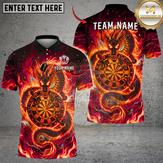 Maxcorners Dart Team Shirt Fiery Dragon Flame Dartboard Graphic Multi Options Personalized Name, Team Name Unisex 3D Shirt (4 Colors)