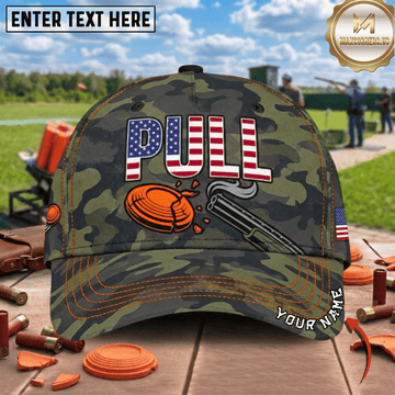 Maxcorners PULL American Flag Camo Smoking Shotgun Clay Break Trap Shooting Multicolor Options Personalized Name 3D Cap
