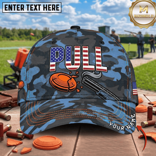 Maxcorners PULL American Flag Camo Smoking Shotgun Clay Break Trap Shooting Multicolor Options Personalized Name 3D Cap