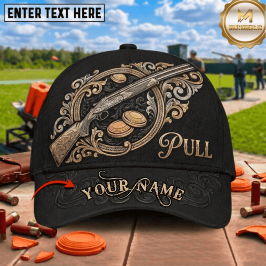Maxcorners Engraved Filigree Shotgun Golden Clay Ornate Pull Trap Shooting Multicolor Options Personalized Name 3D Cap