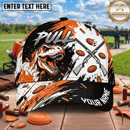 (8 Colors) Maxcorners T-Rex Pull Crossed Shotguns Clay Target Paint Splash Trap Shooting Multicolor Options Personalized Name 3D Cap