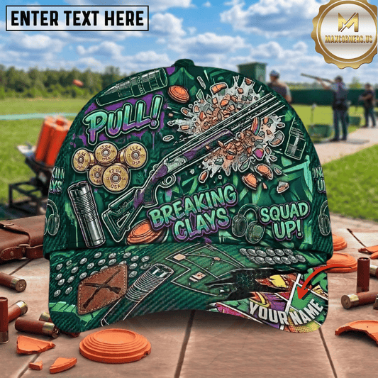 (5 Colors) Maxcorners Pull Breaking Clays Squad Up Shotgun Shell Explosion Trap Shooting Multicolor Options Personalized Name 3D Cap