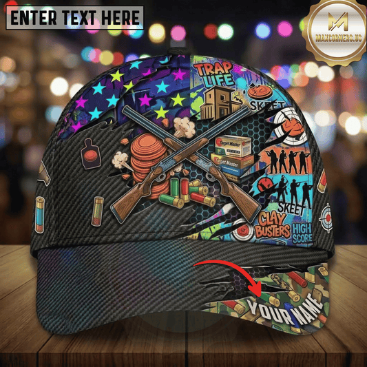 Maxcorners Trap Life Skeet Clay Busters High Score Crossed Shotguns Stacked Clay Stars Trap Shooting Multicolor Options Personalized Name 3D Cap