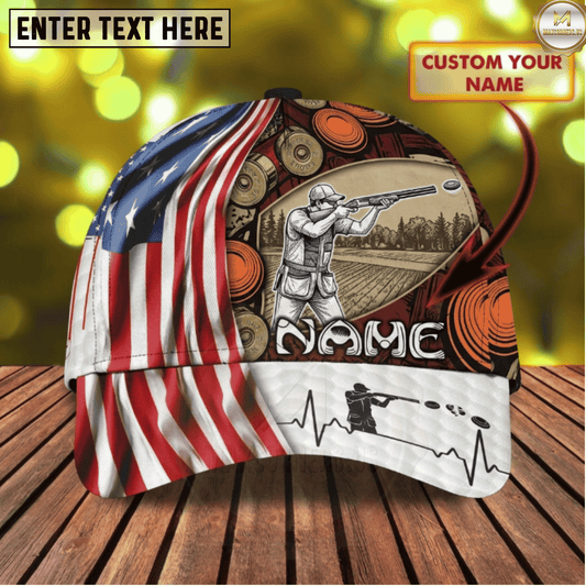 Maxcorners American Flag Drape Vintage Trap Shooter Sketch Clay Target Shell Heartbeat Trap Shooting Multicolor Options Personalized Name 3D Cap