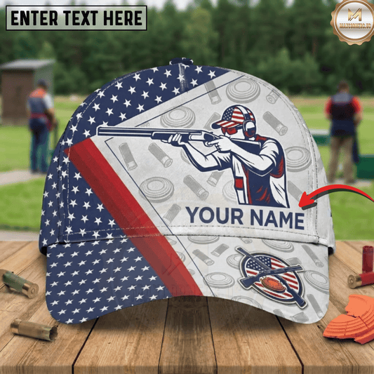 Maxcorners American Flag Stars Stripes Patriotic Trap Shooter USA Hat Badge Trap Shooting Multicolor Options Personalized Name 3D Cap