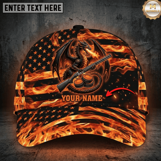 (7 Colors) Maxcorners Flaming American Flag Dragon Shotgun Clay Target Fire Trap Shooting Multicolor Options Personalized Name 3D Cap