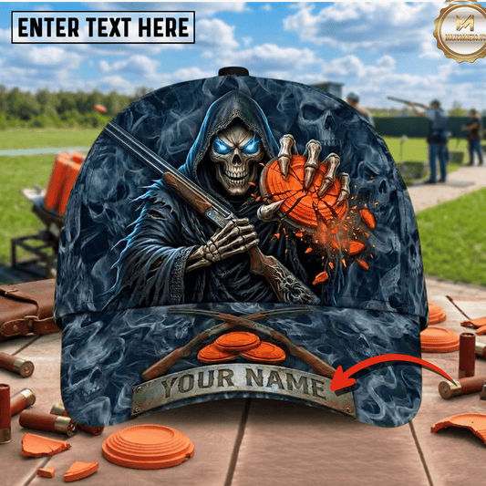 (7 Colors) Maxcorners Grim Reaper Skull Smoke Crushing Clay Target Shotgun Crossed Rifles Trap Shooting Multicolor Options Personalized Name 3D Cap