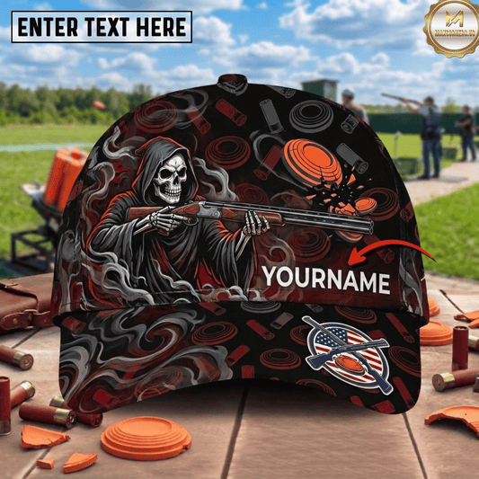 (7 Colors) Maxcorners Blue Grim Reaper Shooting Clay Target Smoke American Badge Trap Shooting Multicolor Options Personalized Name 3D Cap