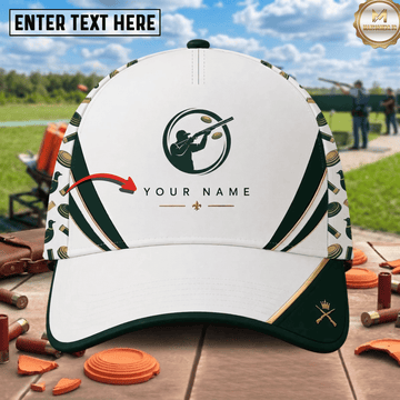 Maxcorners Elegant Shooter Silhouette Gold Clay Pigeon Shell Pattern Luxury Trap Shooting Multicolor Options Personalized Name 3D Cap