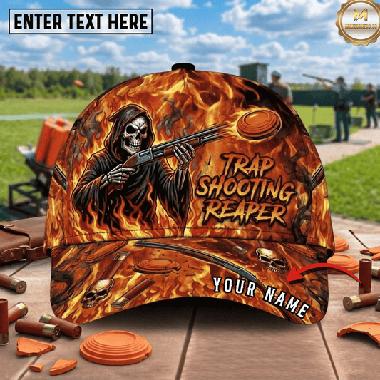 (7 Colors) Maxcorners Trap Shooting Reaper Flaming Skull Shotgun Clay Target Skull Shell Fire Pattern Trap Shooting Multicolor Options Personalized Name 3D Cap