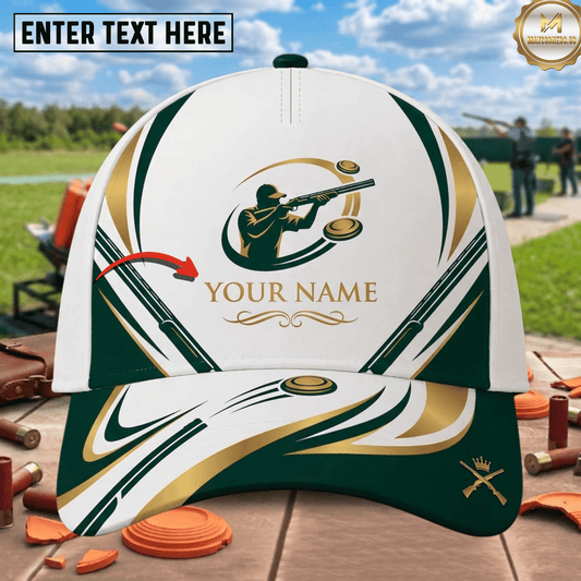 (4 Colors) Maxcorners Luxury Gold Shooter Silhouette Shotgun Swirl Clay Target Pattern Trap Shooting Multicolor Options Personalized Name 3D Cap