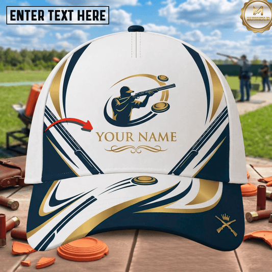 (4 Colors) Maxcorners Luxury Gold Shooter Silhouette Shotgun Swirl Clay Target Pattern Trap Shooting Multicolor Options Personalized Name 3D Cap