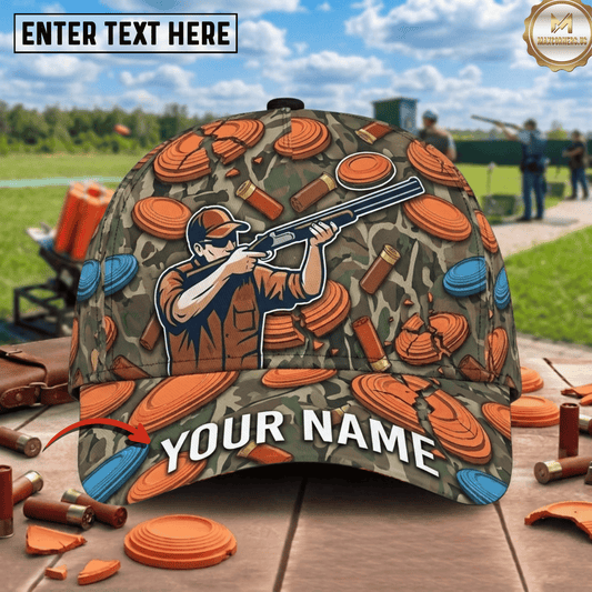 Maxcorners Camo Shooter Orange Blue Clay Target Shell Pattern Illustration Trap Shooting Multicolor Options Personalized Name 3D Cap
