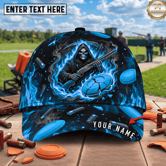 (7 Colors) Maxcorners Trap Shooting Reaper Scythe Shotgun Cracked Clay Shell Fire Ring Pattern Trap Shooting Multicolor Options Personalized Name 3D Cap