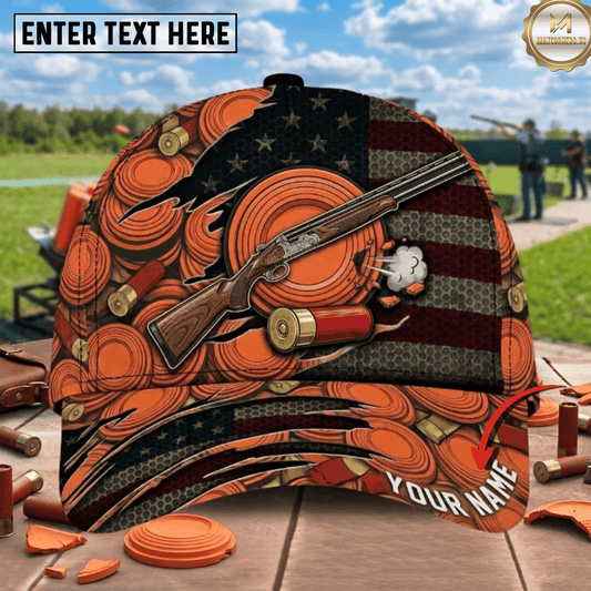(8 Colors) Maxcorners American Flag Ripped Clay Target Shotgun Shells Orange Pattern Trap Shooting Multicolor Options Personalized Name 3D Cap