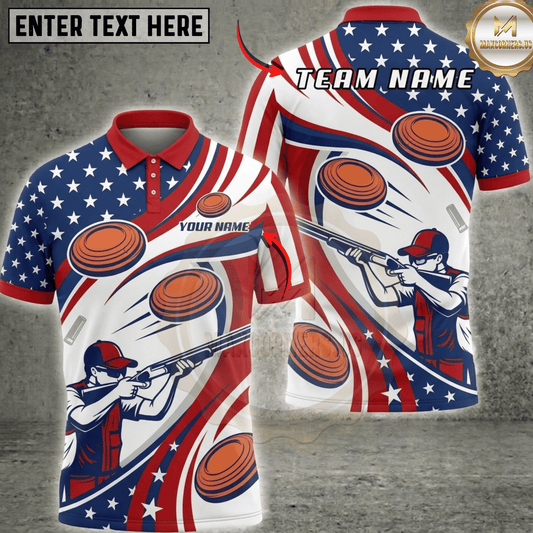 Maxcorners American Flag Stars Stripes Shooter Clay Target Patriotic Wave Trap Shooting Multicolor Options Personalized Name, Team Name 3D Shirt