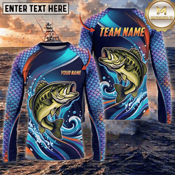 (13 Breeds) Maxcorners Fishing Blue Purple Scale Bass Crappie Multi Fish Water Wave Design Custom Name & Team Name 3D Shirts