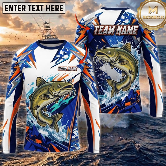 (13 Breeds) Maxcorners Fishing White Blue Orange Digital Camo Bass Splash Design Custom Name & Team Name 3D Shirts