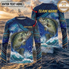 (13 Breeds) Maxcorners Fishing Navy Blue Tribal Scale Bass Wave Splash Design Custom Name & Team Name 3D Shirts