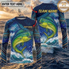 (13 Breeds) Maxcorners Fishing Navy Blue Tribal Scale Bass Wave Splash Design Custom Name & Team Name 3D Shirts
