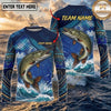 (13 Breeds) Maxcorners Fishing Navy Blue Tribal Scale Bass Wave Splash Design Custom Name & Team Name 3D Shirts