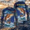 (13 Breeds) Maxcorners Fishing Navy Blue Tribal Scale Bass Wave Splash Design Custom Name & Team Name 3D Shirts