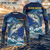 (13 Breeds) Maxcorners Fishing Navy Blue Tribal Scale Bass Wave Splash Design Custom Name & Team Name 3D Shirts
