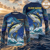 (13 Breeds) Maxcorners Fishing Navy Blue Tribal Scale Bass Wave Splash Design Custom Name & Team Name 3D Shirts