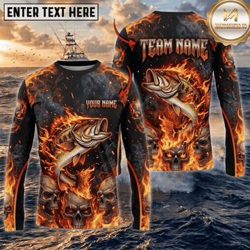 (13 Breeds) Maxcorners Fishing Black Orange Fire Flame Skull Bass Design Custom Name & Team Name 3D Shirts