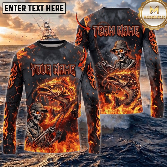 (13 Breeds) Maxcorners Fishing Black Orange Fire Flame Skeleton Bass Angler Design Custom Name & Team Name 3D Shirts